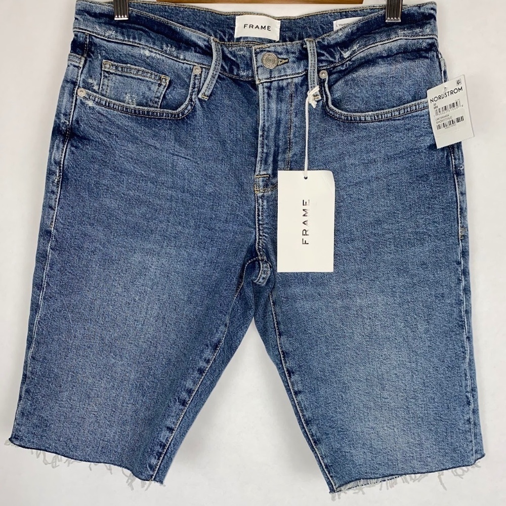 NWT Frame L’Homme Cut Off Denim Shoredale Rips Mid-Rise Blue Jean Shorts 30 NEW